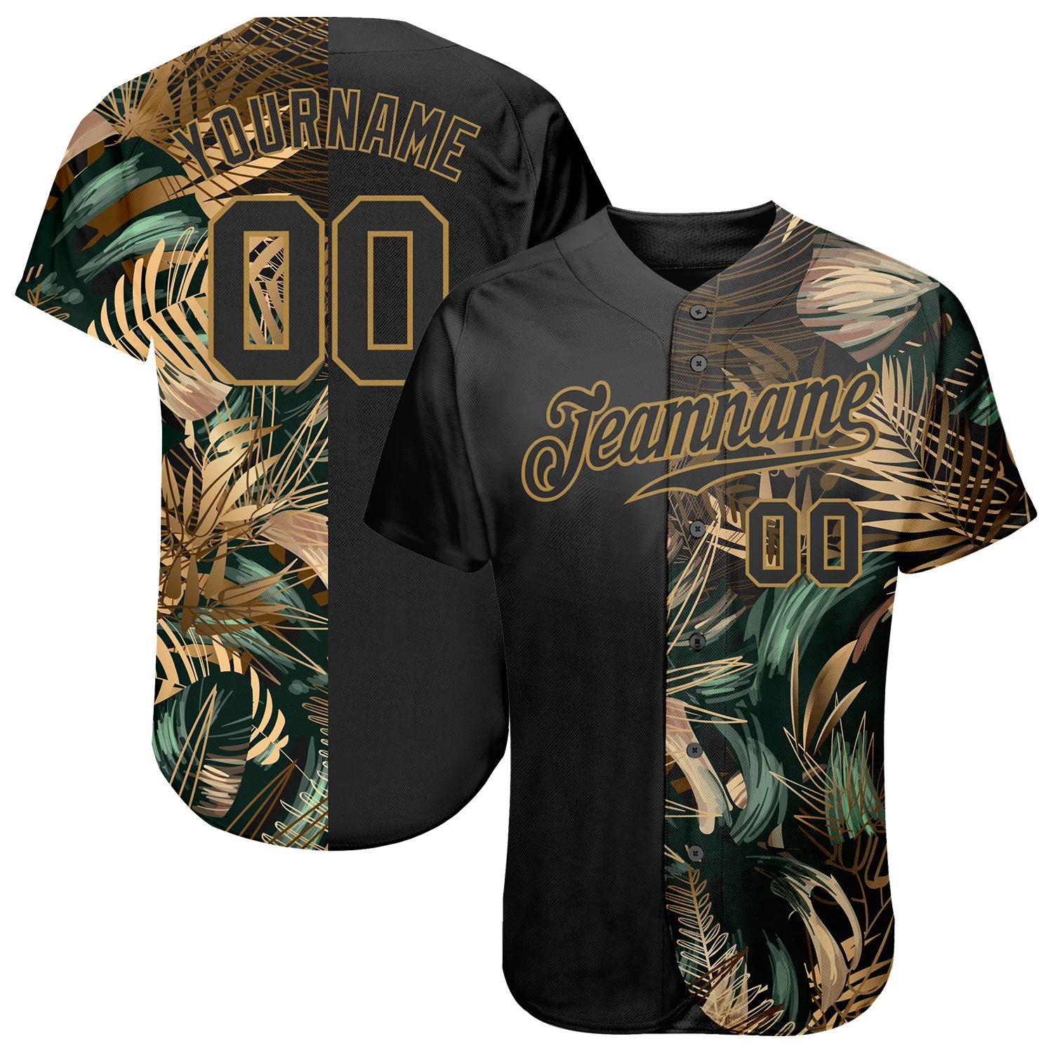 Custom 3D Pattern Design Green And Gold Tropical Leaves In The Style Of Jungle And Hawaii Authentic Baseball Jersey