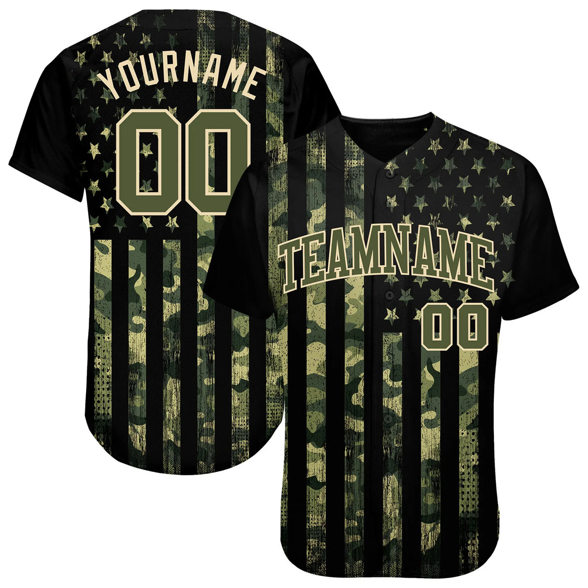 Custom Camo Olive-Green 3D American Flag Authentic Salute To Service Baseball Jersey