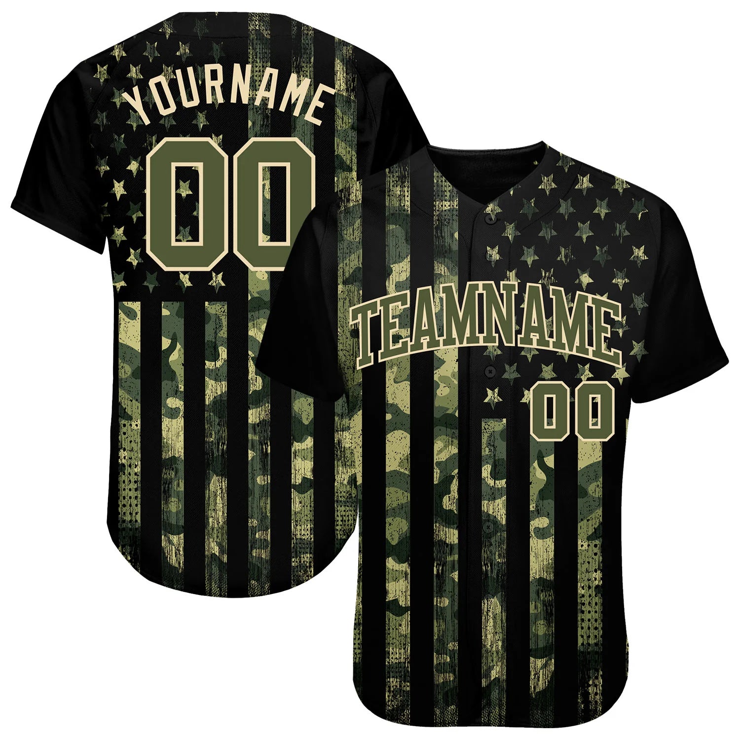 Custom Camo Olive-Green 3D American Flag Authentic Salute To Service Baseball Jersey