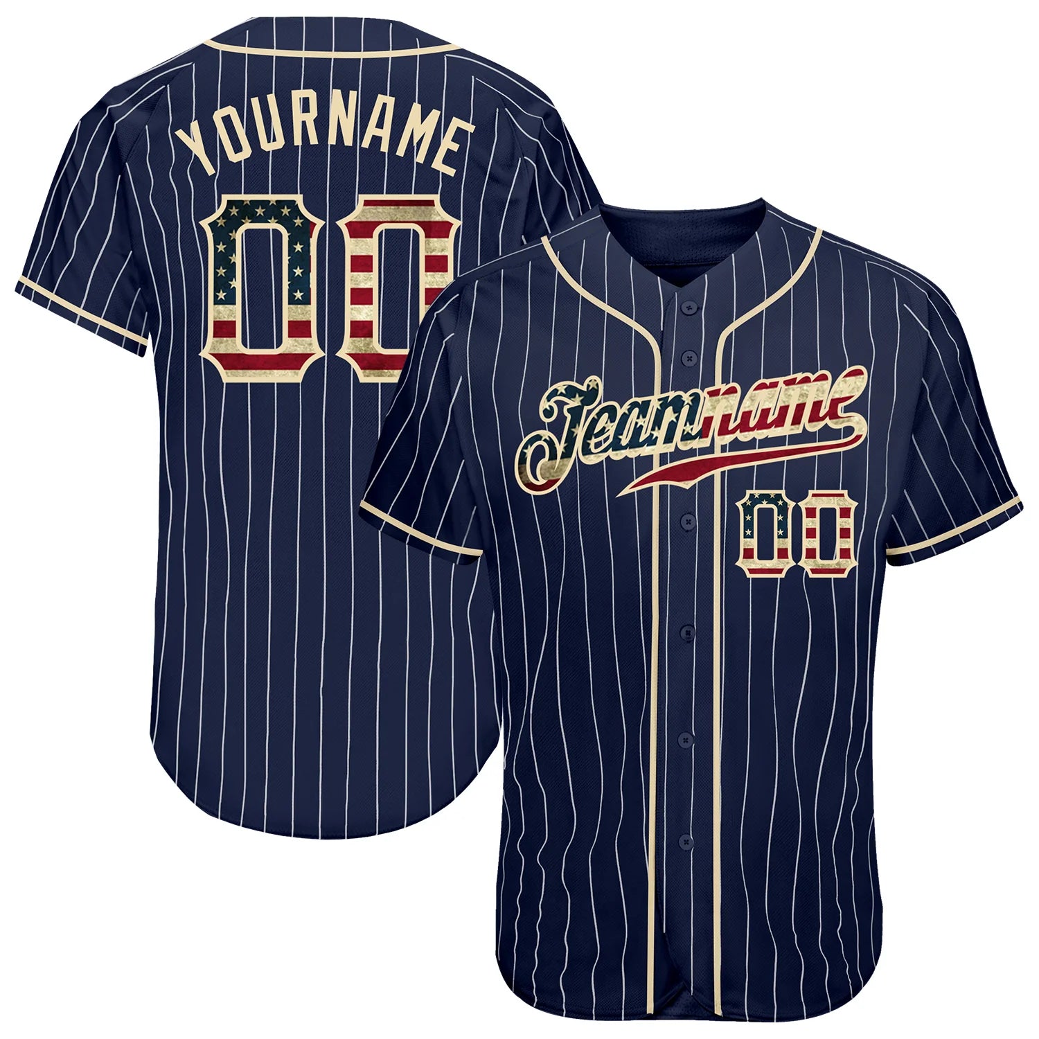 Custom Navy White Pinstripe Vintage USA Flag-cream Authentic Baseball Jersey