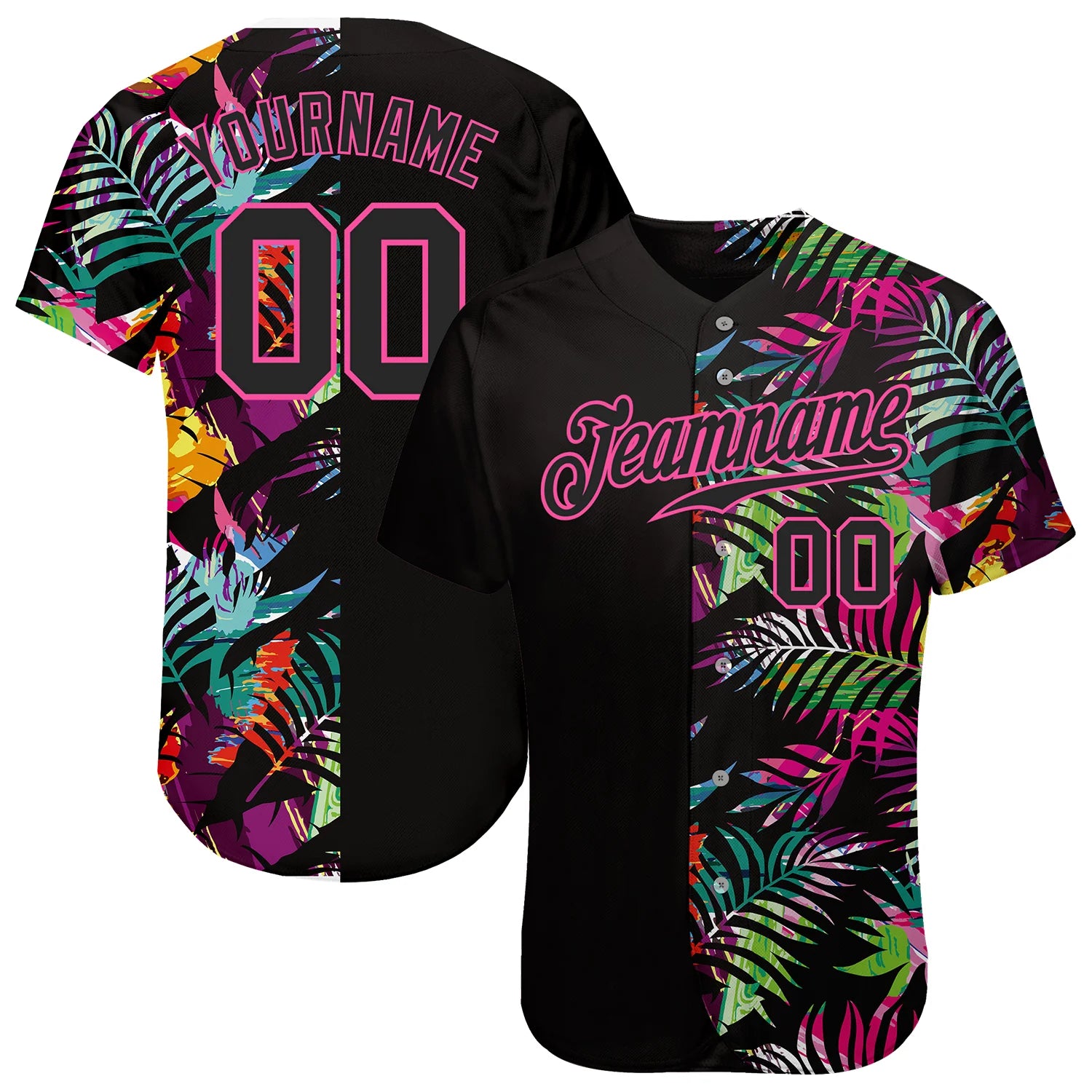 CUSTOM BLACK BLACK-PINK 3D PATTERN DESIGN TROPICAL PALM LEAVES AUTHENTIC BASEBALL JERSEY