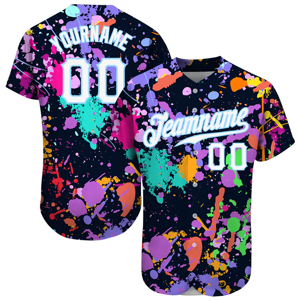 CUSTOM SPLASHES GRAFFITI PATTERN WHITE-LIGHT BLUE 3D AUTHENTIC BASEBALL JERSEY