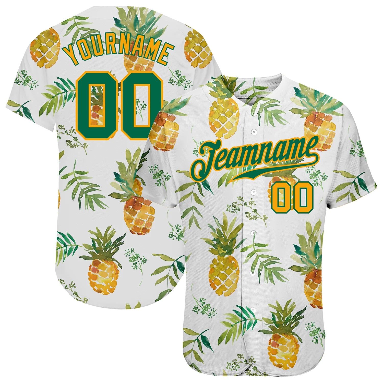 Custom White Kelly Green-Gold 3D Pattern Design Hawaii  Pineapples Authentic Baseball Jersey