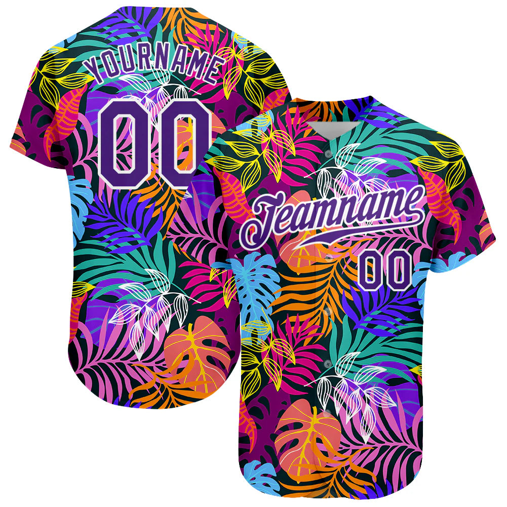 Custom White Purple-White 3D Pattern Design Palm Trees Authentic Baseball Jersey